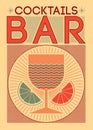 Cocktails Bar graphic linear geometric pattern stylized poster, emblem, sign, badge design. Cocktail glass and citrus slices. Vect